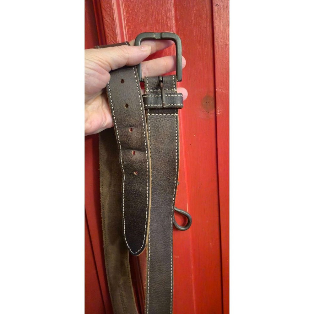 Timberland Size 38 Brown Leather Belt White Stitching Dark Hardware 1.5 Thick